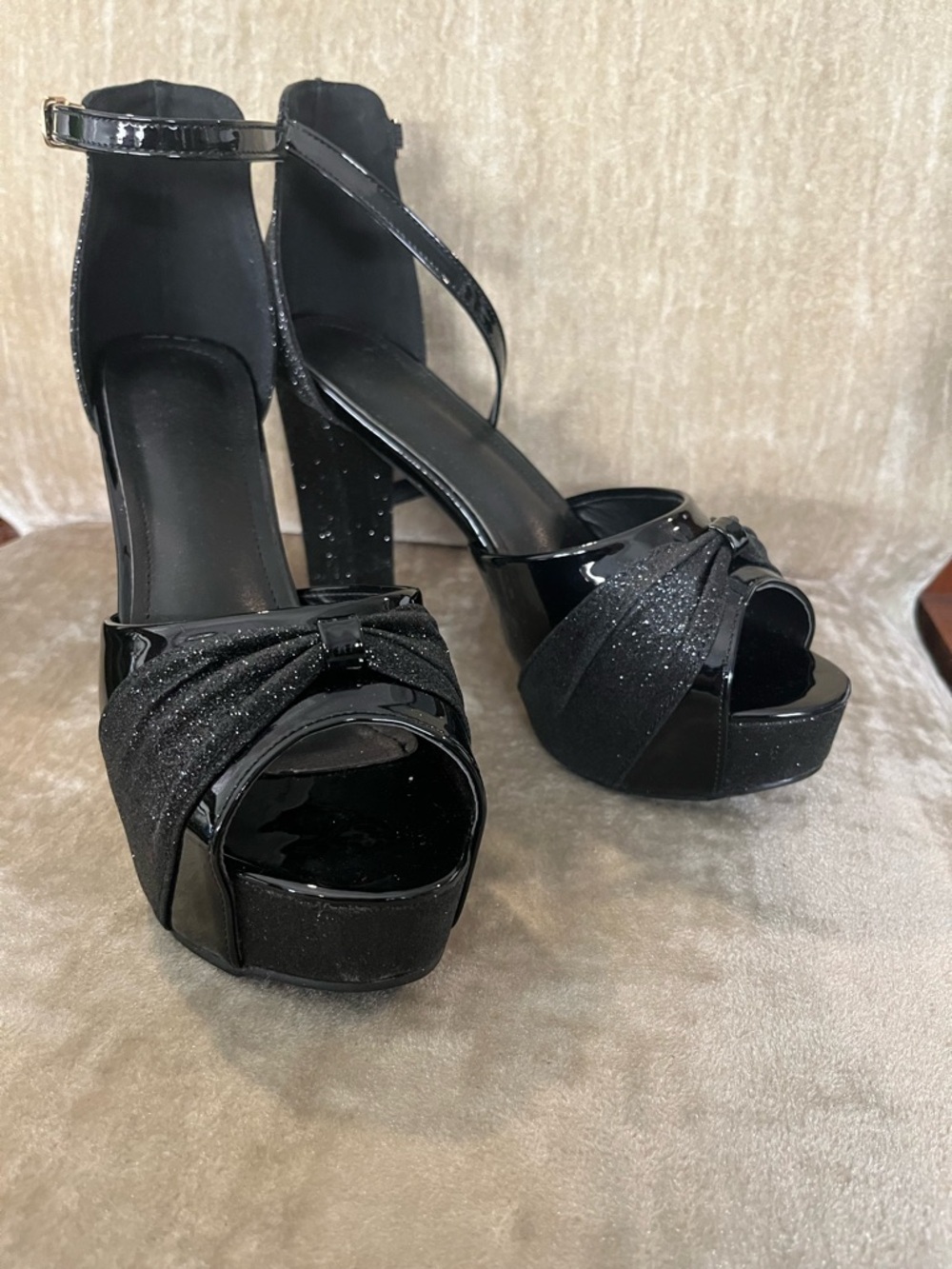 Black Patent Platform Peep-Toe Heels with Ankle Strap